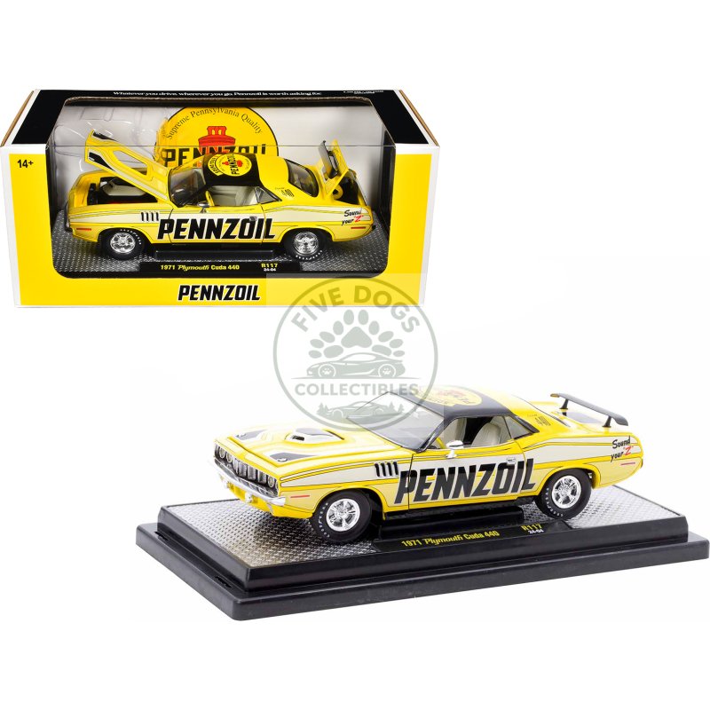 1971 plymouth barracuda 440 yellow with gray stripes and black top "pennzoil" limited edition to 6250 pieces worldwide 1/24 diecast model car by m2 machines