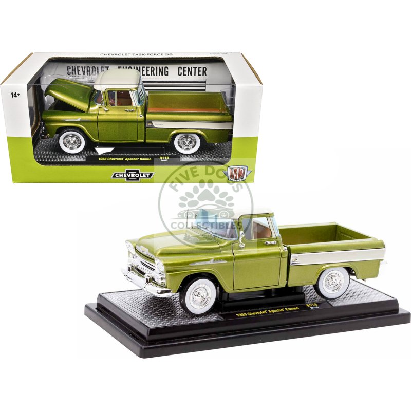 1958 chevrolet apache cameo pickup truck olive green metallic with wimbledon white top limited edition to 6250 pieces worldwide 1/24 diecast model car by m2 machines