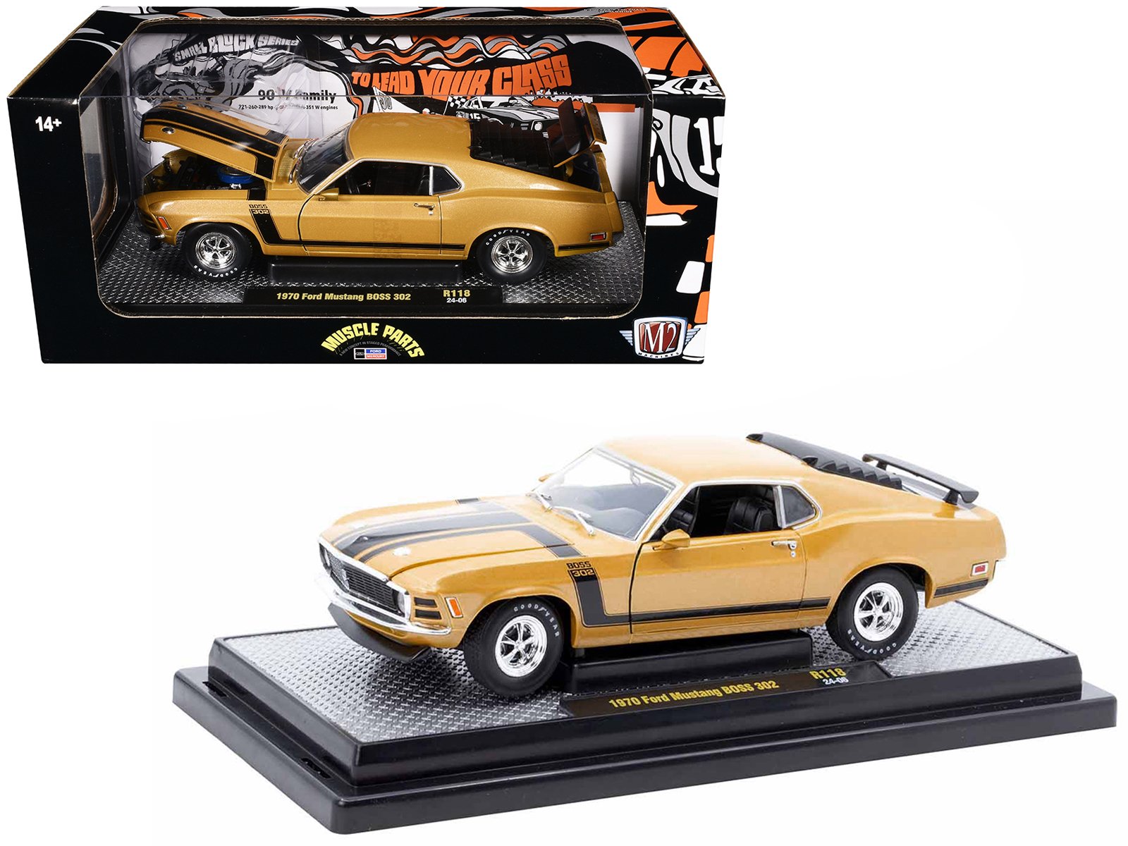 1970 ford mustang boss 302 gold metallic with black stripes limited edition to 6250 pieces worldwide 1/24 diecast model car by m2 machines 1970 ford mustang boss 302 gold metallic with black stripes limited edition to 6250 pieces worldwide 1/24 diecast model car by m2 machines