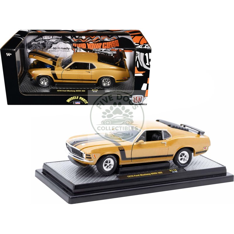 1970 ford mustang boss 302 gold metallic with black stripes limited edition to 6250 pieces worldwide 1/24 diecast model car by m2 machines