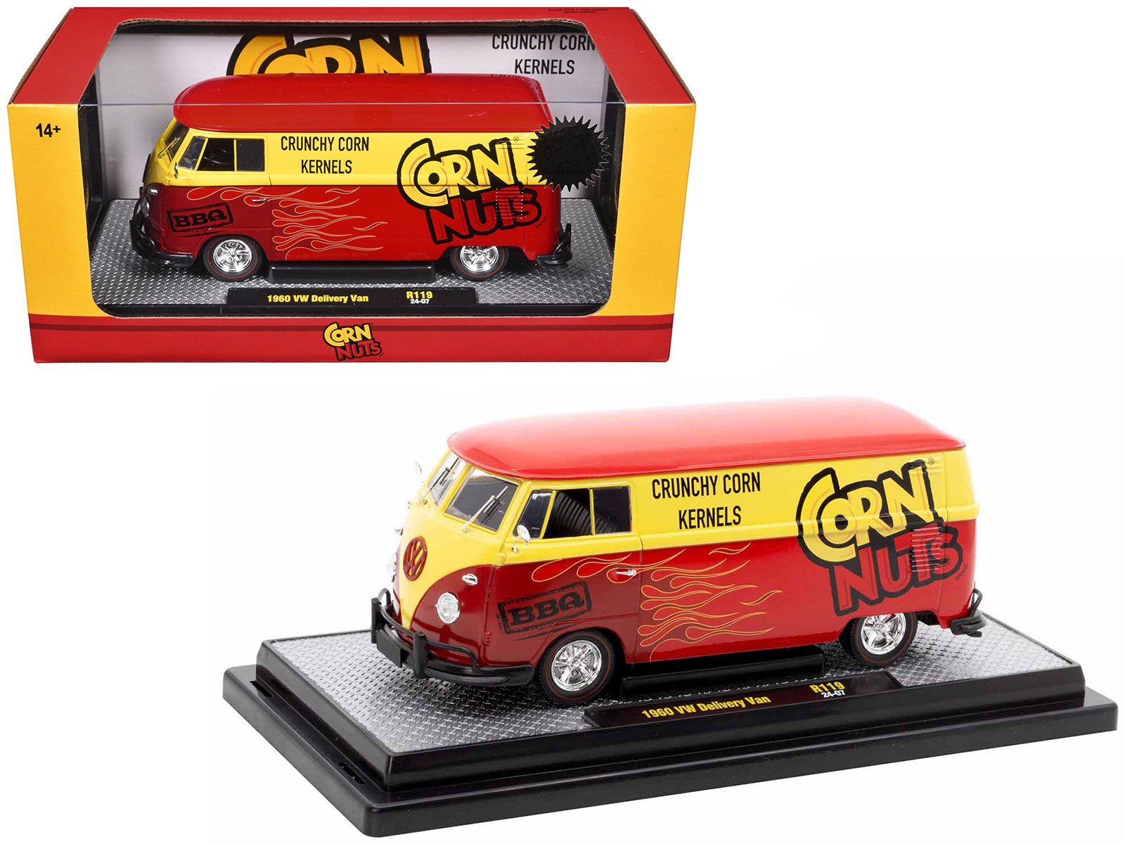 1960 volkswagen delivery van red and yellow "corn nuts bbq" limited edition to 6250 pieces worldwide 1/24 diecast model car by m2 machines 1960 volkswagen delivery van red and yellow "corn nuts bbq" limited edition to 6250 pieces worldwide 1/24 diecast model car by m2 machines