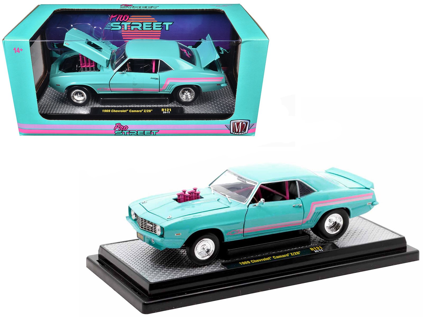 1969 chevrolet camaro z/28 light blue with pink stripes "pro street" limited edition to 6250 pieces worldwide 1/24 diecast model car by m2 machines 1969 chevrolet camaro z/28 light blue with pink stripes "pro street" limited edition to 6250 pieces worldwide 1/24 diecast model car by m2 machines
