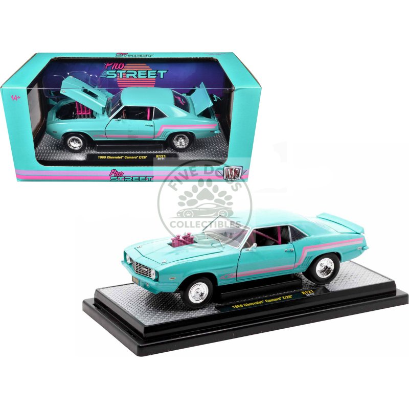 1969 chevrolet camaro z/28 light blue with pink stripes "pro street" limited edition to 6250 pieces worldwide 1/24 diecast model car by m2 machines