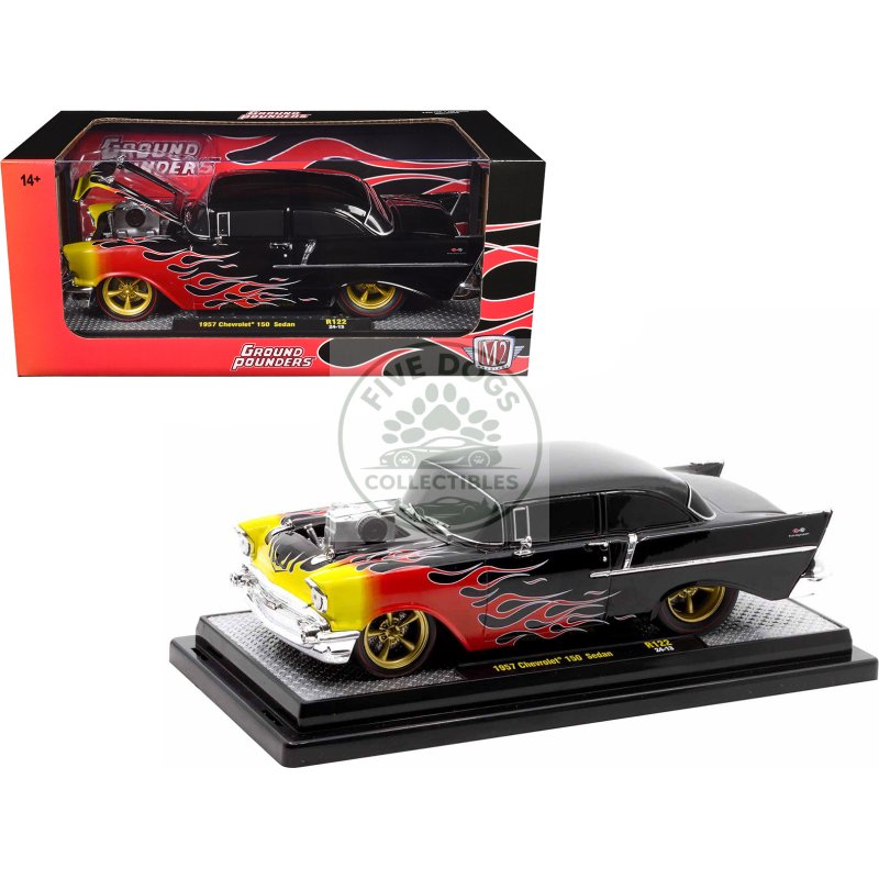 1957 chevrolet 150 sedan black with flames graphics limited edition to 4250 pieces worldwide 1/24 diecast model car by m2 machines