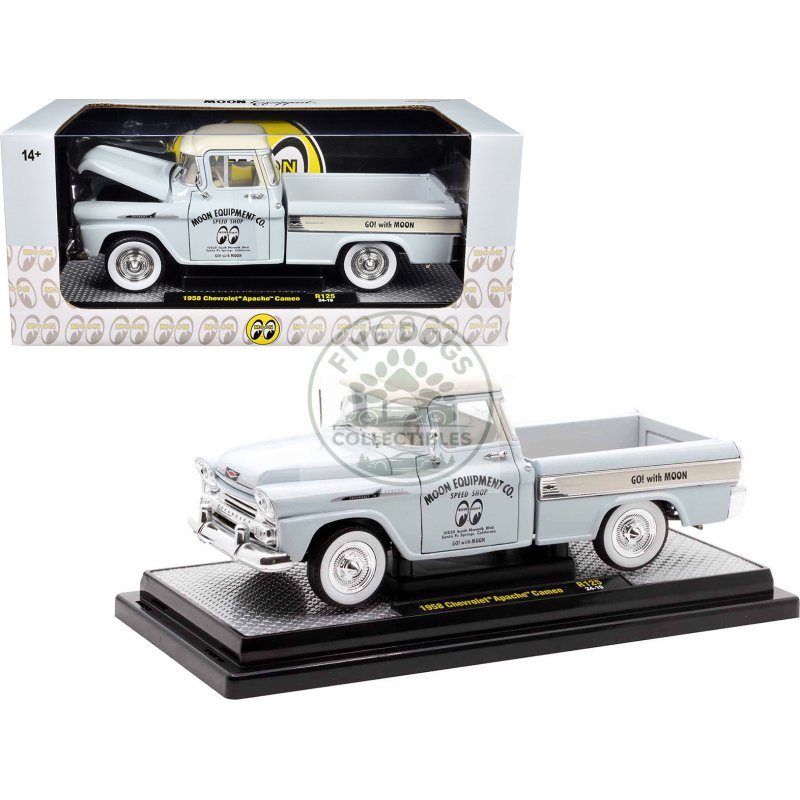 1958 chevrolet apache cameo pickup truck "mooneyes" light gray with white top limited edition to 6650 pieces worldwide 1/24 diecast model car by m2 machines