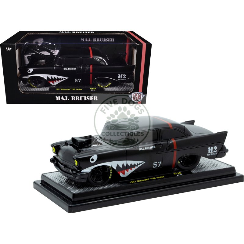1957 chevrolet 150 sedan "maj. bruiser" matt black with red stripe and shark mouth graphics limited edition to 6650 pieces worldwide 1/24 diecast model car by m2 machines