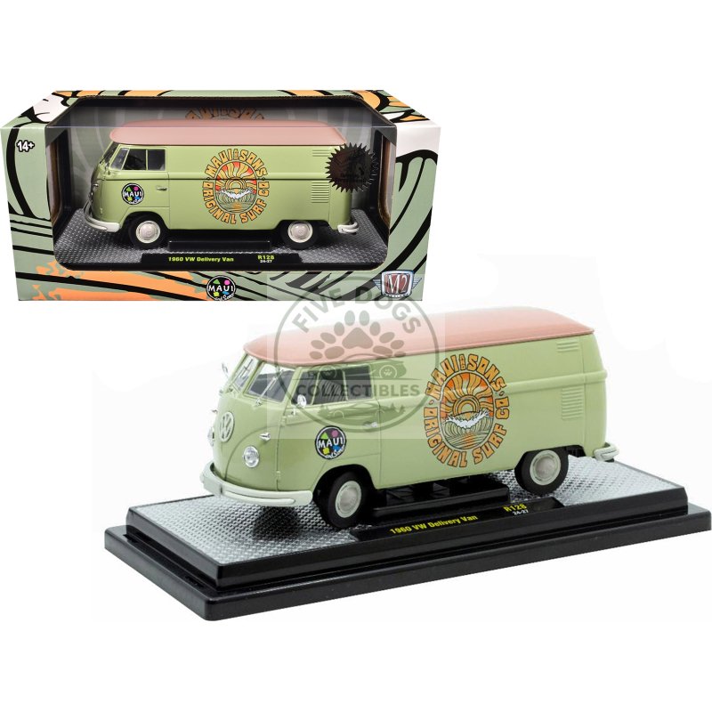 1960 volkswagen delivery van "maui & sons" light olive green with salmon top limited edition to 6650 pieces worldwide 1/24 diecast model car by m2 machines