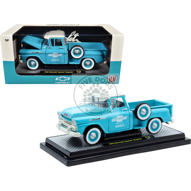 1958 chevrolet apache stepside pickup truck "chevrolet service" light blue with white top limited edition to 6650 pieces worldwide 1/24 diecast model car by m2 machines
