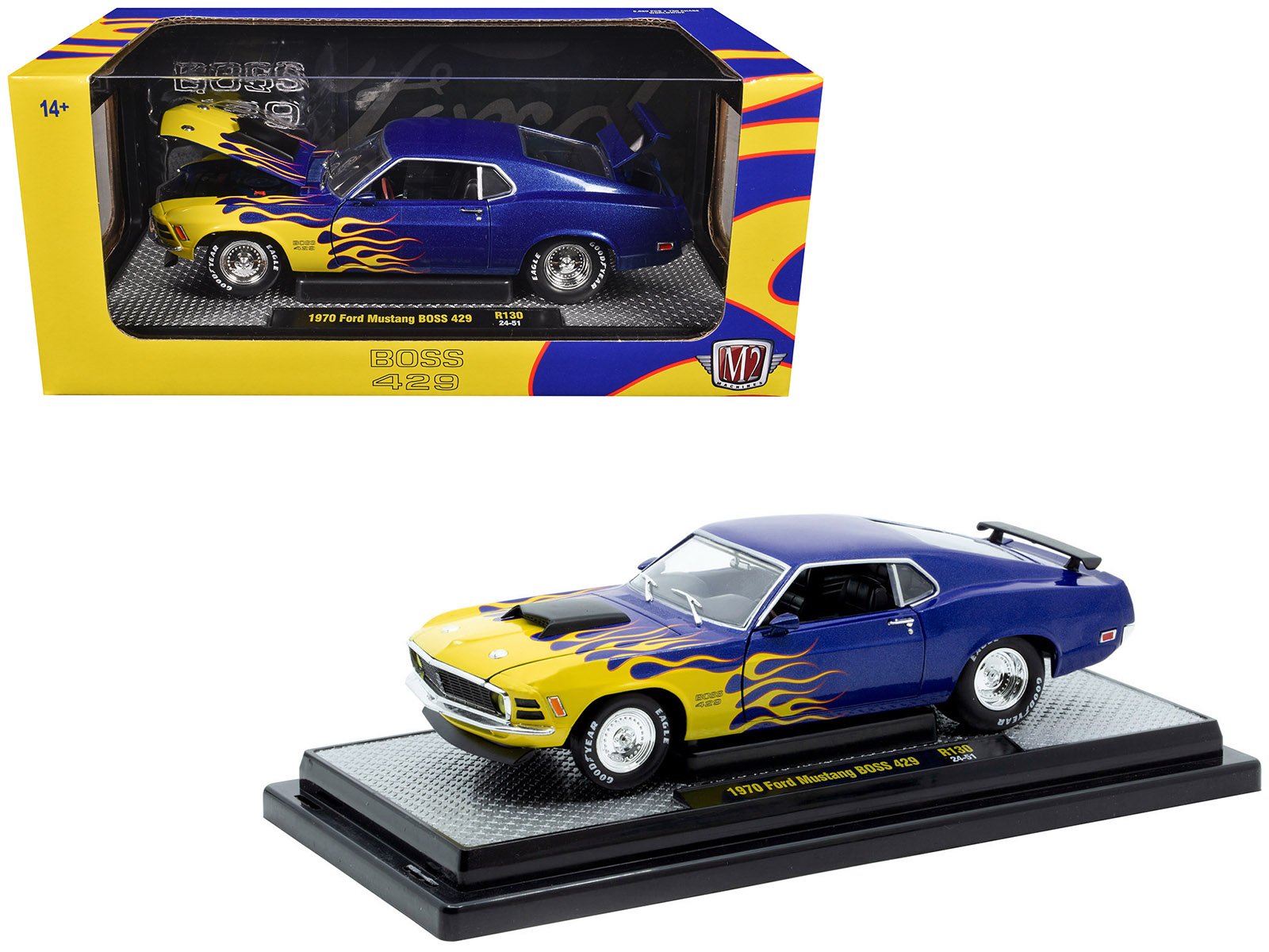 1970 ford mustang boss 429 blue metallic with flame graphics limited edition to 6650 pieces worldwide 1/24 diecast model car by m2 machines 1970 ford mustang boss 429 blue metallic with flame graphics limited edition to 6650 pieces worldwide 1/24 diecast model car by m2 machines