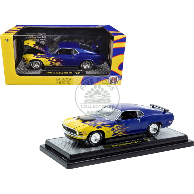 1970 ford mustang boss 429 blue metallic with flame graphics limited edition to 6650 pieces worldwide 1/24 diecast model car by m2 machines