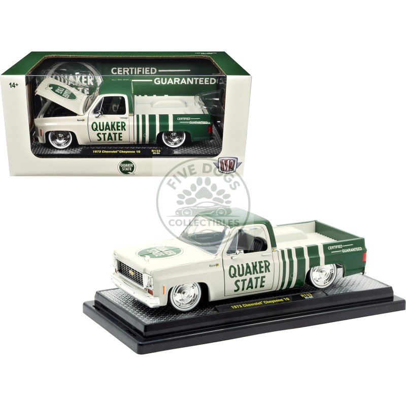 1973 chevrolet cheyenne 10 pickup truck "quaker state" beige and green limited edition to 9600 pieces worldwide 1/24 diecast model car by m2 machines