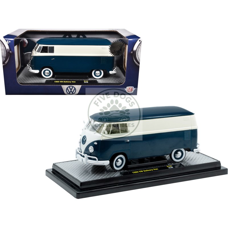 1960 volkswagen delivery van blue and white limited edition to 6650 pieces worldwide 1/24 diecast model car by m2 machines