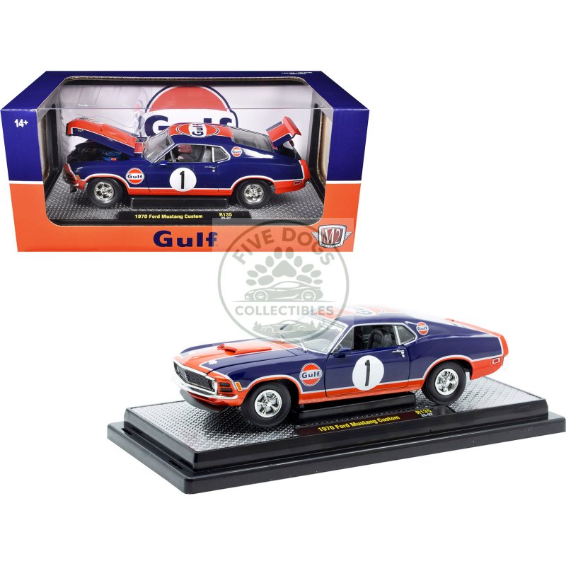 1970 ford mustang custom #1 "gulf oil" dark blue with orange graphics limited edition to 7850 pieces worldwide 1/24 diecast model car by m2 machines