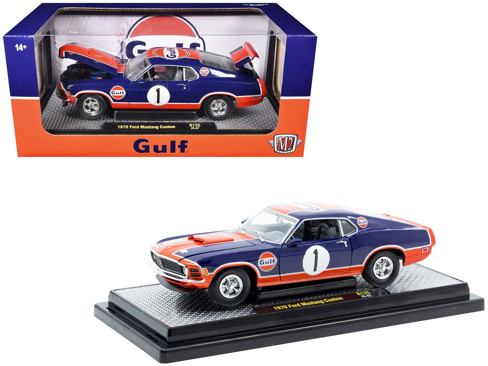1970 ford mustang custom #1 "gulf oil" dark blue with orange graphics limited edition to 7850 pieces worldwide 1/24 diecast model car by m2 machines 1970 ford mustang custom #1 "gulf oil" dark blue with orange graphics limited edition to 7850 pieces worldwide 1/24 diecast model car by m2 machines