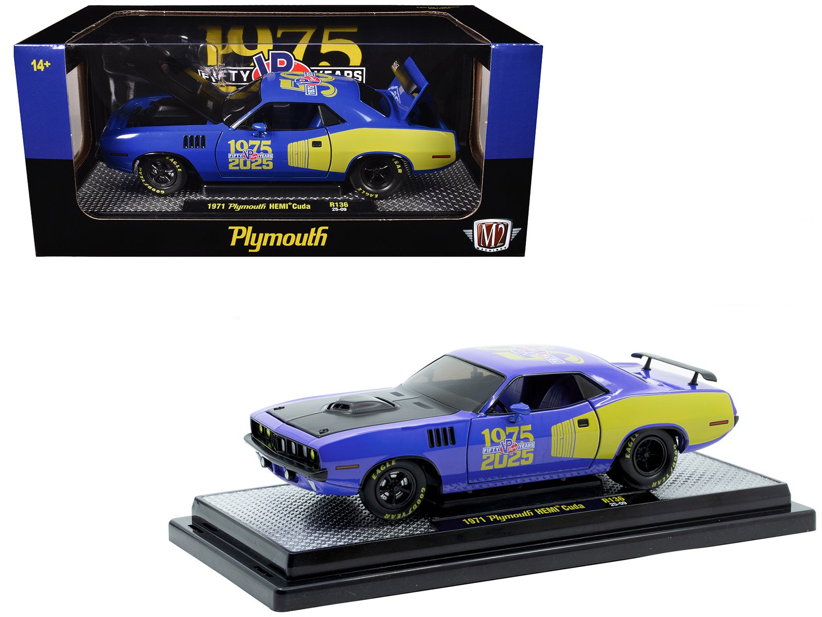 1971 plymouth hemi cuda "vp racing 50 years" blue with yellow sides limited edition to 8650 pieces worldwide 1/24 diecast model car by m2 machines 1971 plymouth hemi cuda "vp racing 50 years" blue with yellow sides limited edition to 8650 pieces worldwide 1/24 diecast model car by m2 machines