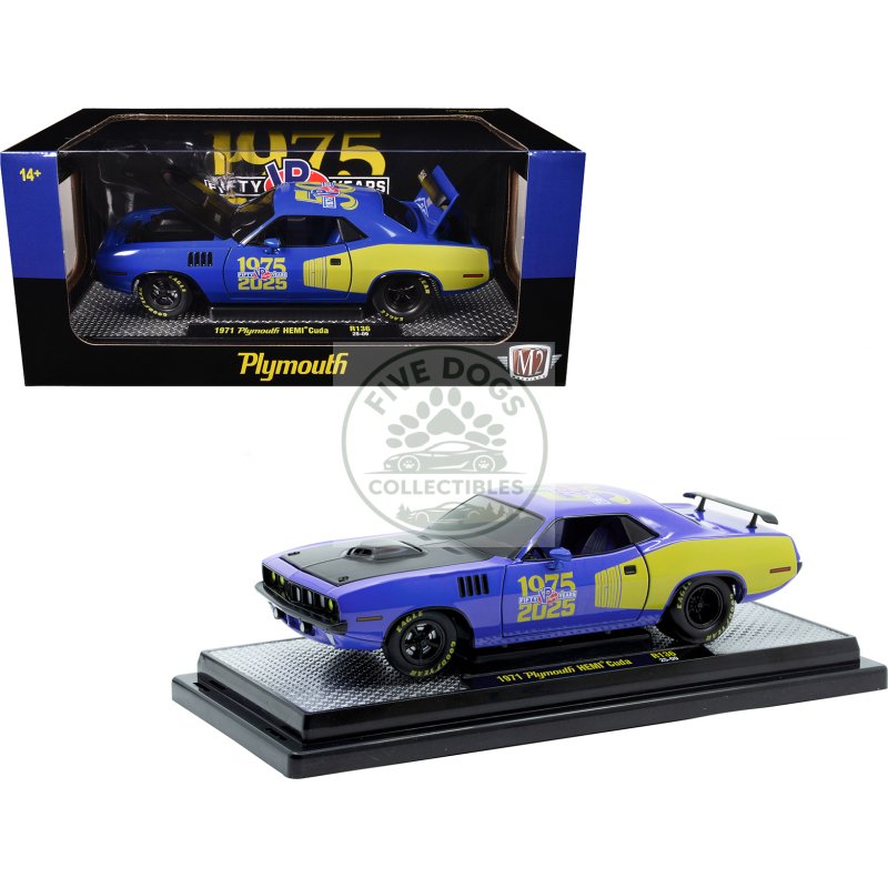 1971 plymouth hemi cuda "vp racing 50 years" blue with yellow sides limited edition to 8650 pieces worldwide 1/24 diecast model car by m2 machines