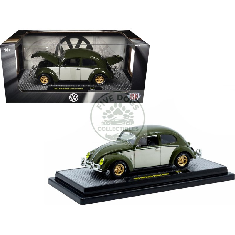 1952 volkswagen beetle deluxe model dark green with beige sides limited edition to 5250 pieces worldwide 1/24 diecast model car by m2 machines