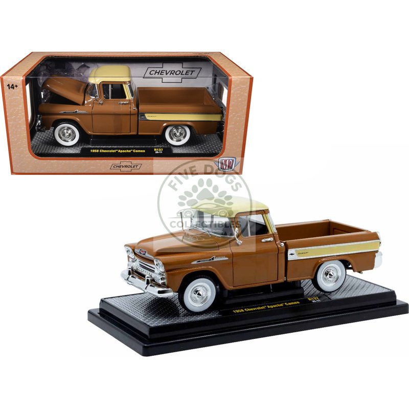 1958 chevrolet apache cameo pickup truck brown with beige top limited edition to 5250 pieces worldwide 1/24 diecast model car by m2 machines
