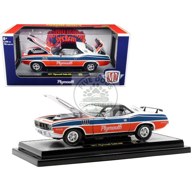1971 plymouth barracuda 440 pearl white with blue and red stripes and black top limited edition to 6550 pieces worldwide 1/24 diecast model car by m2 machines