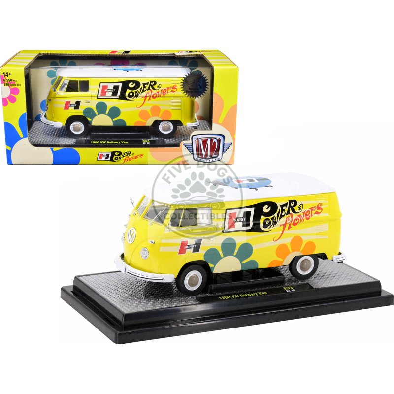 1960 volkswagen delivery van yellow with bright white top and flower graphics "hurst power flowers" limited edition to 6550 pieces worldwide 1/24 diecast model car by m2 machines