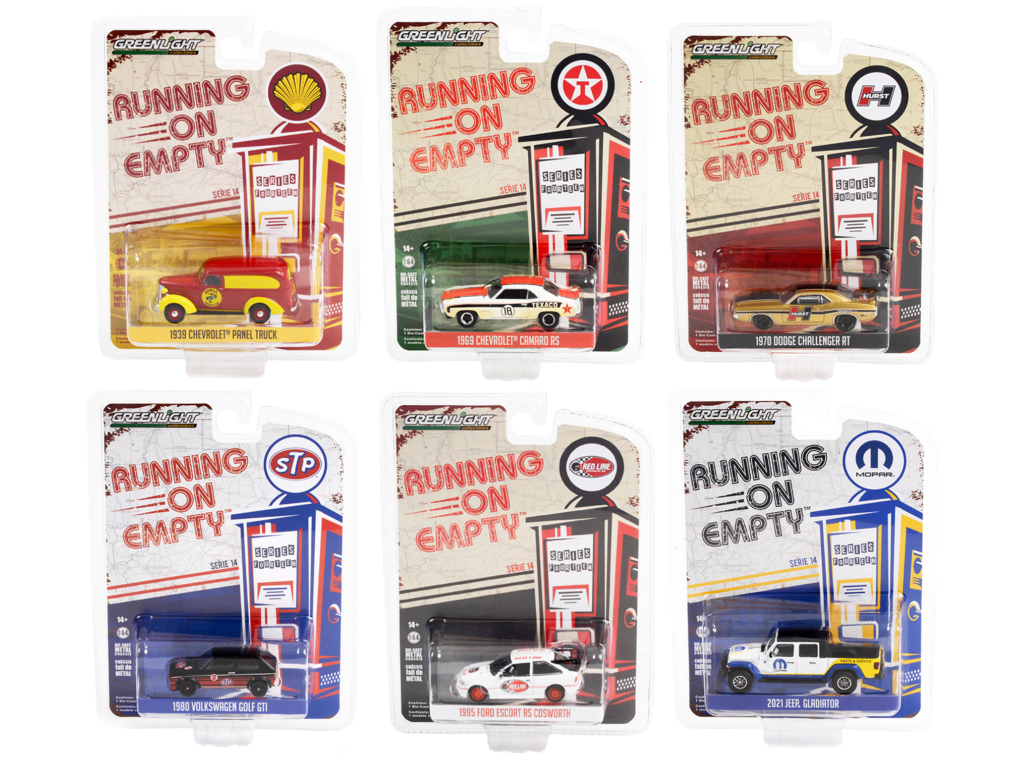 "running on empty" 6 piece set series 14 1/64 diecast model cars by greenlight "running on empty" 6 piece set series 14 1/64 diecast model cars by greenlight