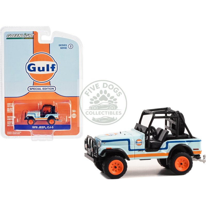 1976 jeep cj 5 light blue with blue and orange stripes "gulf oil special edition" series 2 1/64 diecast model car by greenlight