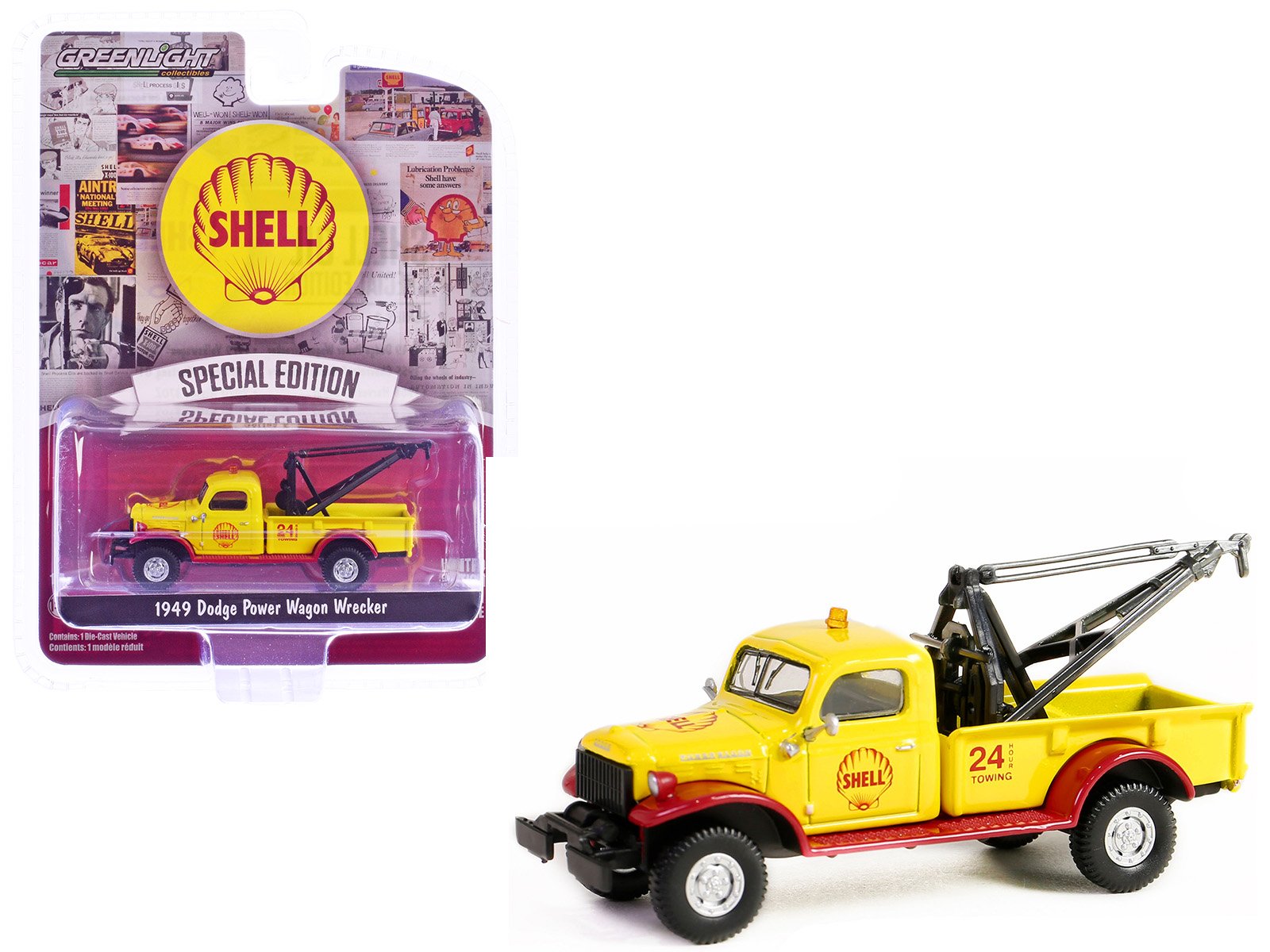 1949 dodge power wagon wrecker tow truck "shell oil" yellow and red "shell oil special edition" series 2 1/64 diecast model car by greenlight 1949 dodge power wagon wrecker tow truck "shell oil" yellow and red "shell oil special edition" series 2 1/64 diecast model car by greenlight