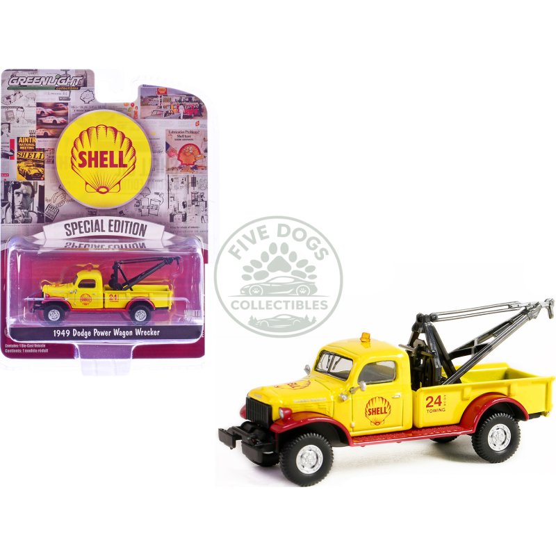 1949 dodge power wagon wrecker tow truck "shell oil" yellow and red "shell oil special edition" series 2 1/64 diecast model car by greenlight