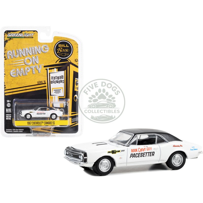 1967 chevrolet camaro ss white with black top "book city chevy pacesetter altoona pennsylvania" "running on empty" series 16 1/64 diecast model car by greenlight