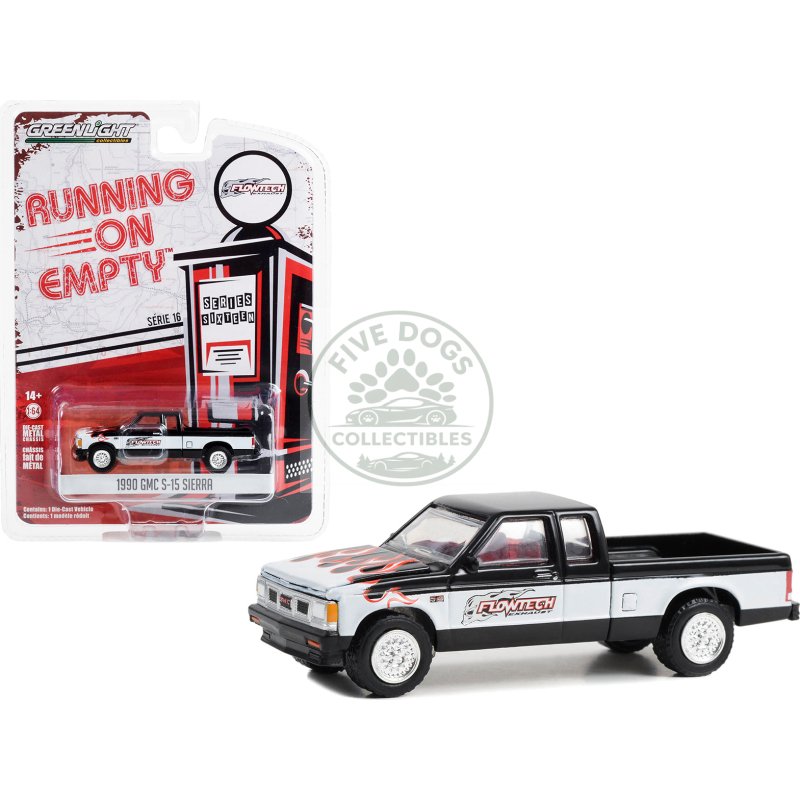 1990 gmc s 15 sierra pickup truck black and white with flames "flowtech exhaust" "running on empty" series 16 1/64 diecast model car by greenlight
