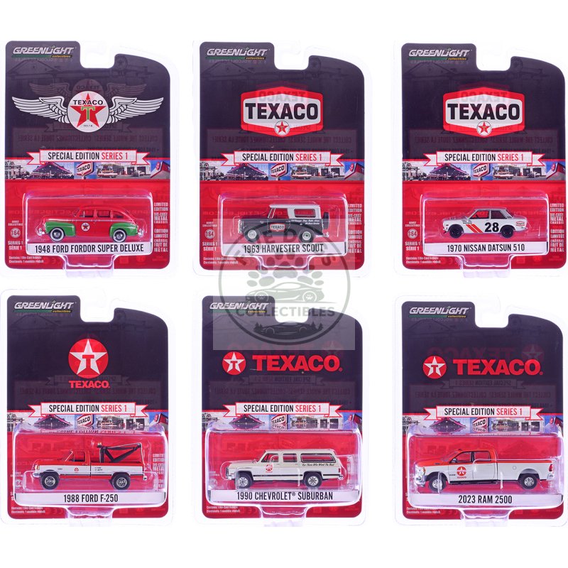 "texaco special edition" series 1 set of 6 pieces 1/64 diecast model cars by greenlight