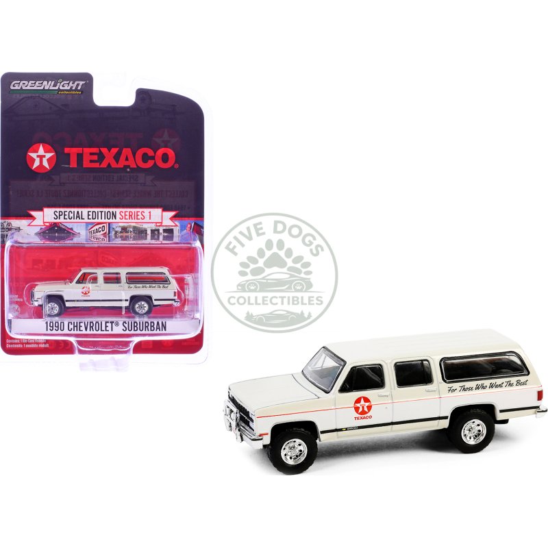 1990 chevrolet suburban "texaco" cream and white "texaco special edition" series 1 1/64 diecast model car by greenlight
