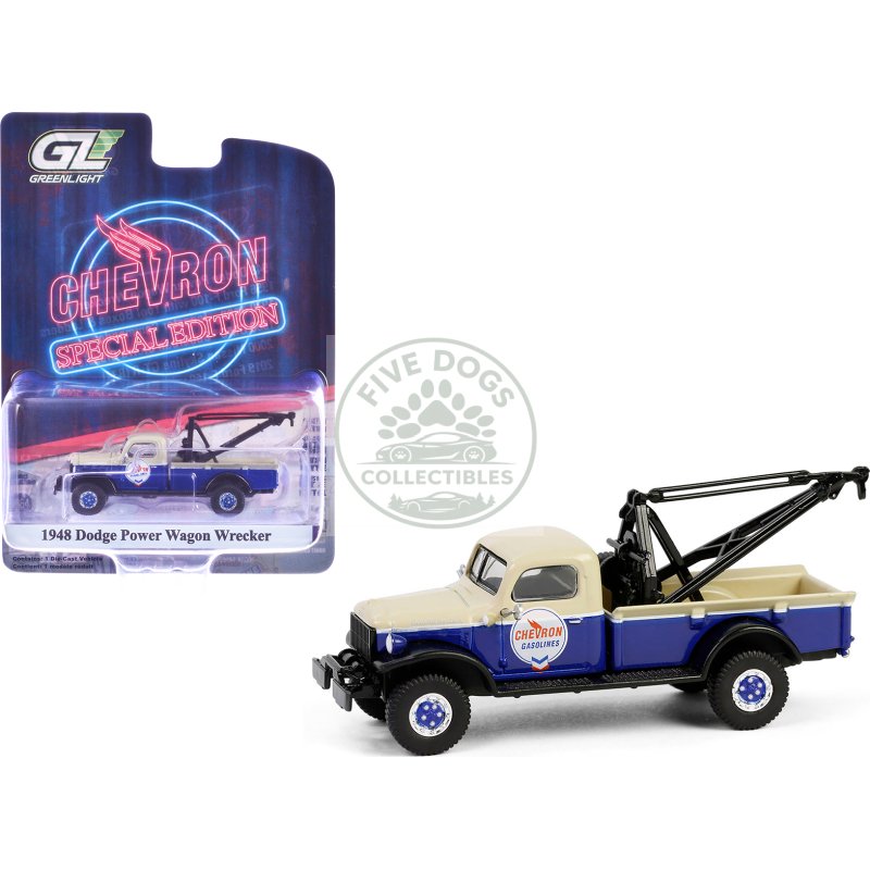 1948 dodge power wagon wrecker tow truck beige and blue "chevron special edition" series 1 1/64 diecast model car by greenlight