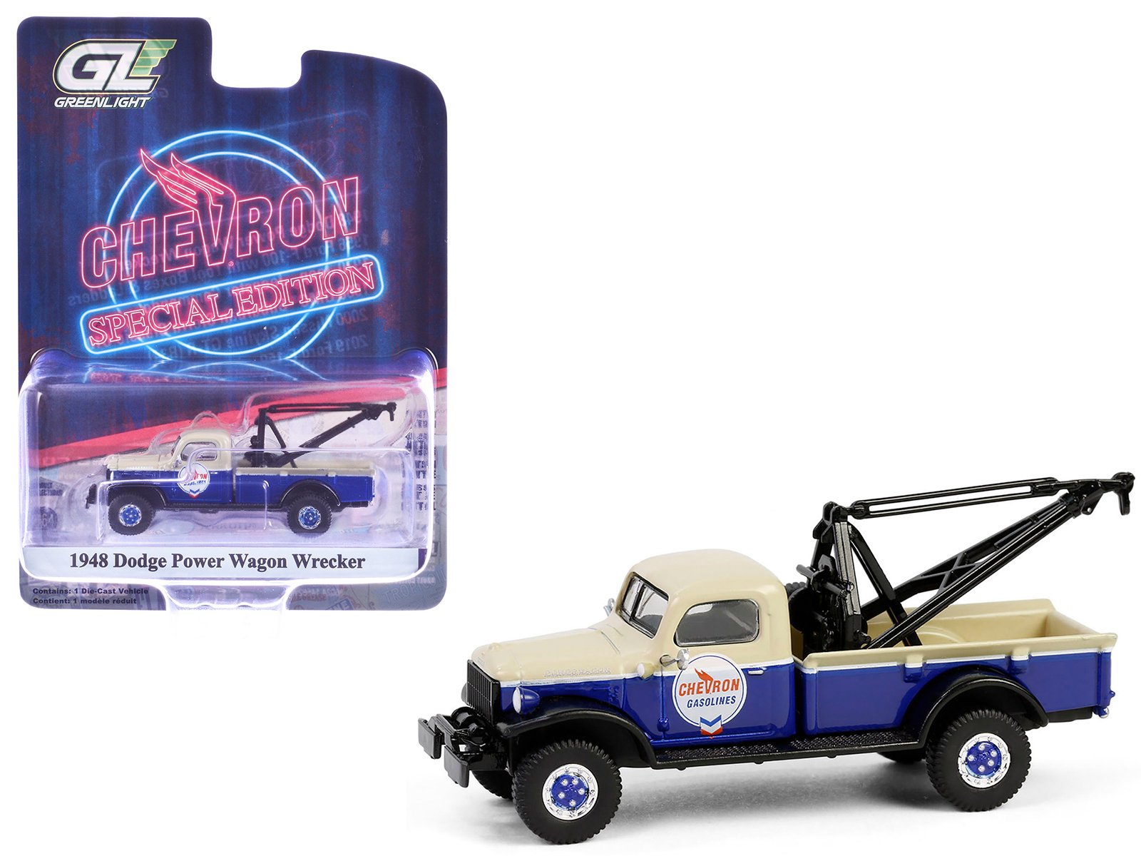 1948 dodge power wagon wrecker tow truck beige and blue "chevron special edition" series 1 1/64 diecast model car by greenlight 1948 dodge power wagon wrecker tow truck beige and blue "chevron special edition" series 1 1/64 diecast model car by greenlight