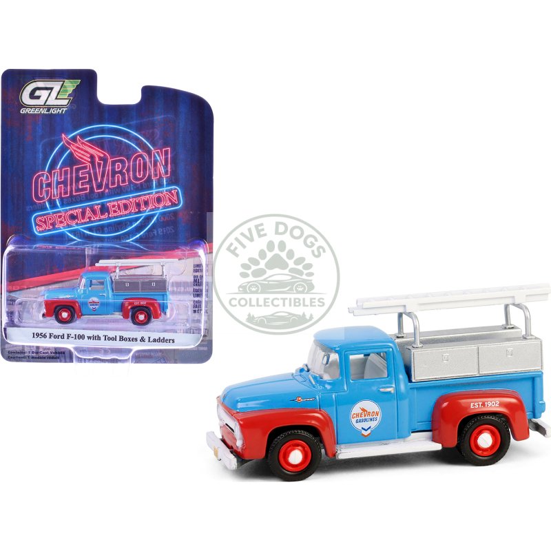 1956 ford f 100 pickup truck with tool boxes and ladders "chevron" blue and red "chevron special edition" series 1 1/64 diecast model car by greenlight