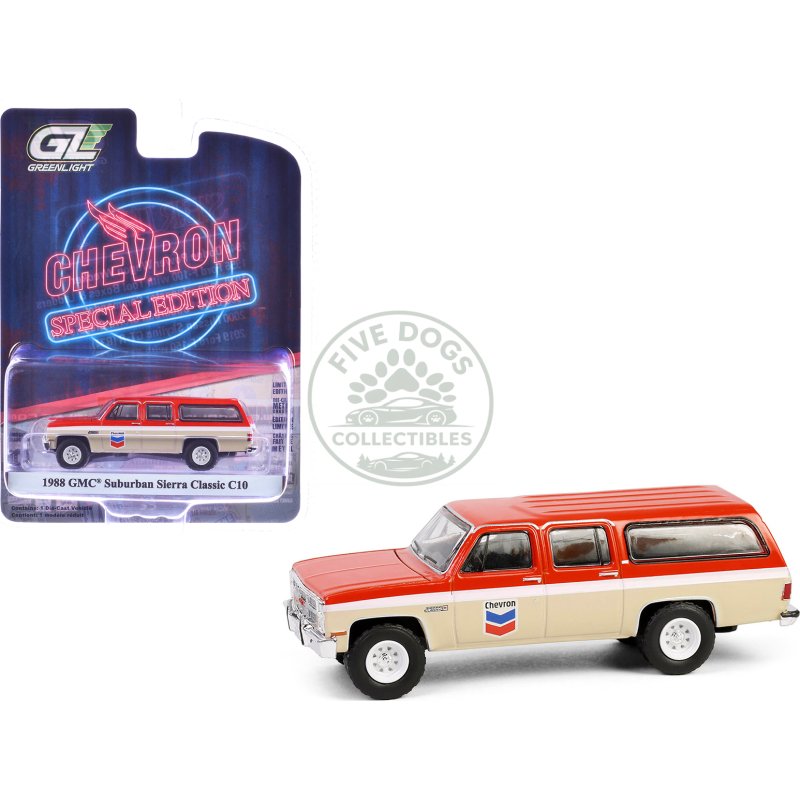 1988 gmc suburban sierra classic c10 "chevron" orange and beige with white stripes "chevron special edition" series 1 1/64 diecast model car by greenlight