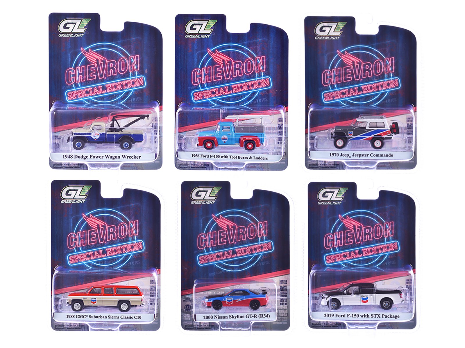 "chevron special edition" series 1 set of 6 pieces 1/64 diecast model cars by greenlight "chevron special edition" series 1 set of 6 pieces 1/64 diecast model cars by greenlight