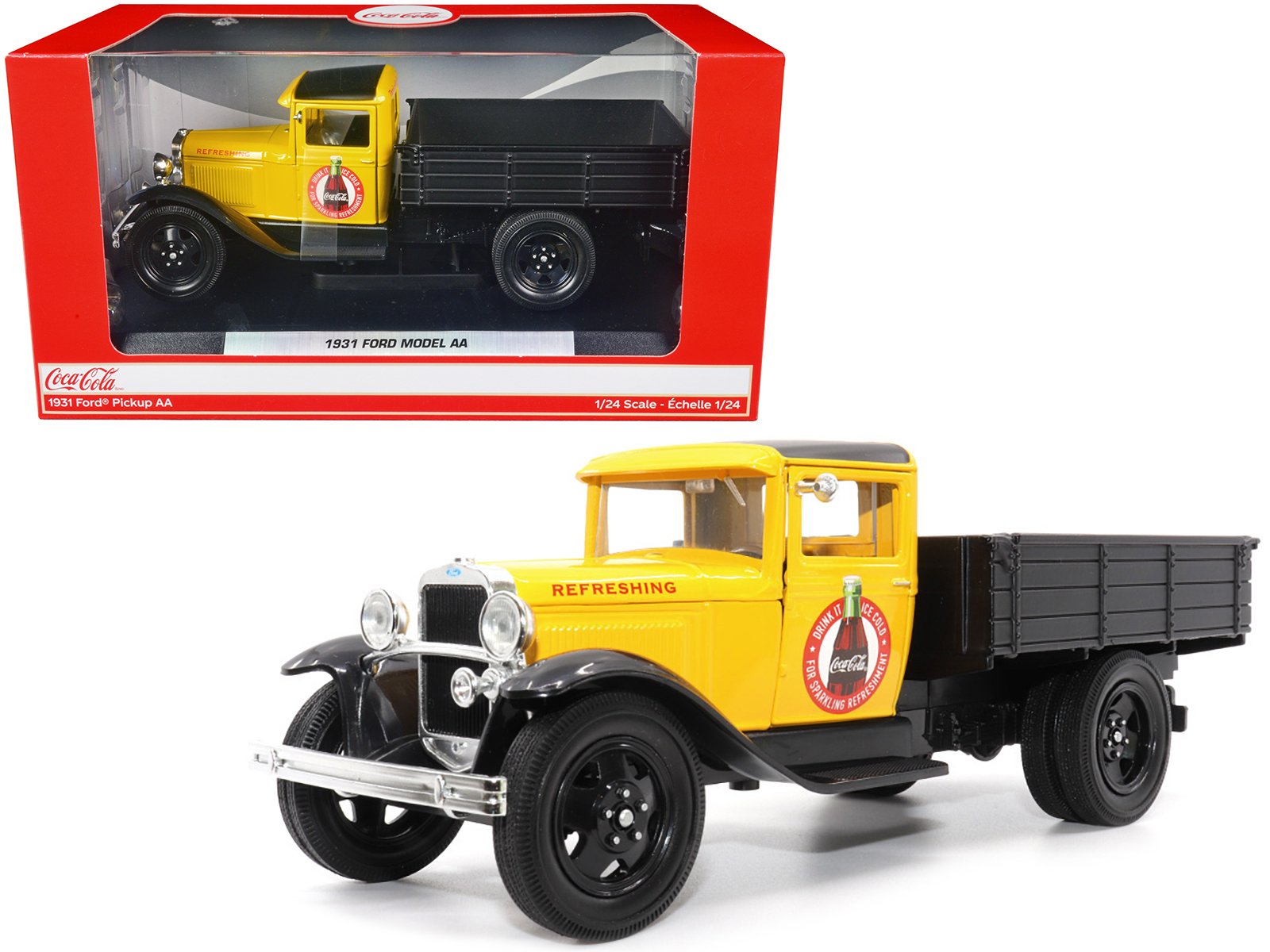 1931 ford model aa pickup truck yellow and black "drink it ice cold for sparkling refreshment coca cola" 1/24 diecast model car by motor city classics 1931 ford model aa pickup truck yellow and black "drink it ice cold for sparkling refreshment coca cola" 1/24 diecast model car by motor city classics