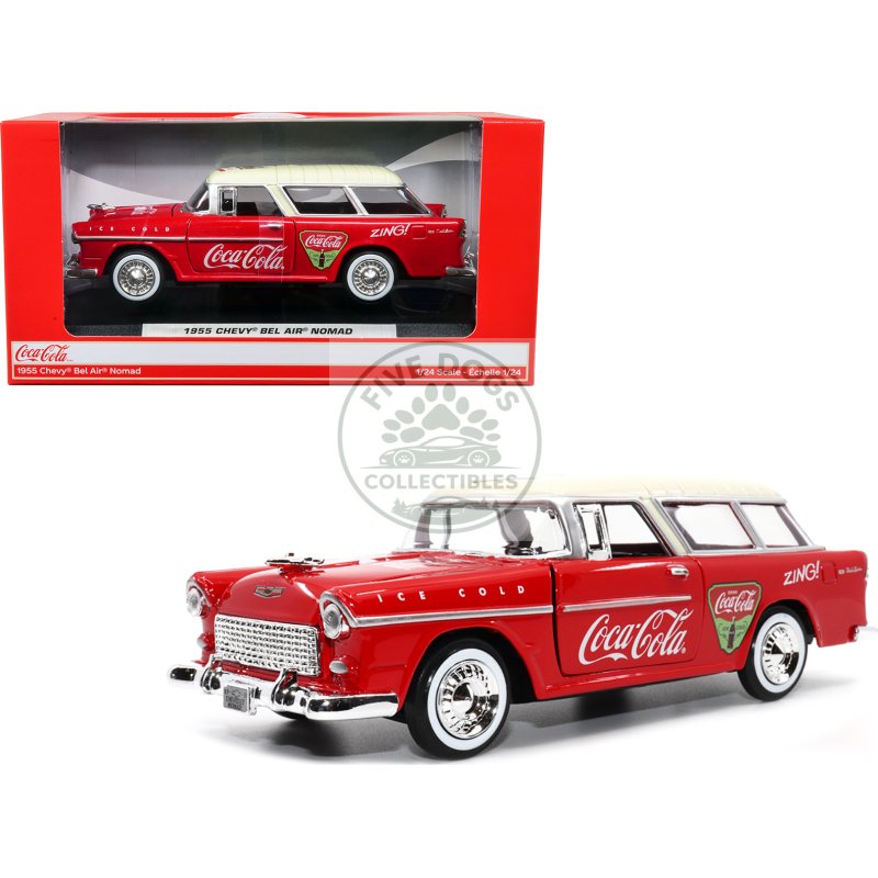 1955 chevrolet bel air nomad red with white top "coca cola" 1/24 diecast model car by motor city classics