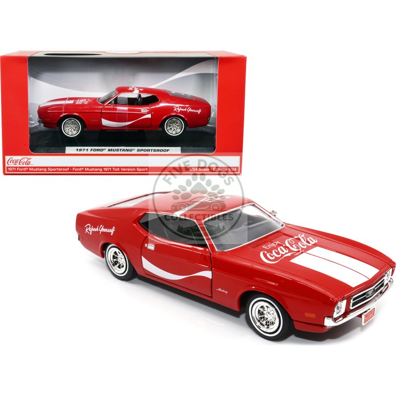 1971 ford mustang sportsroof red with white stripes "refresh yourself coca cola" 1/24 diecast model car by motor city classics