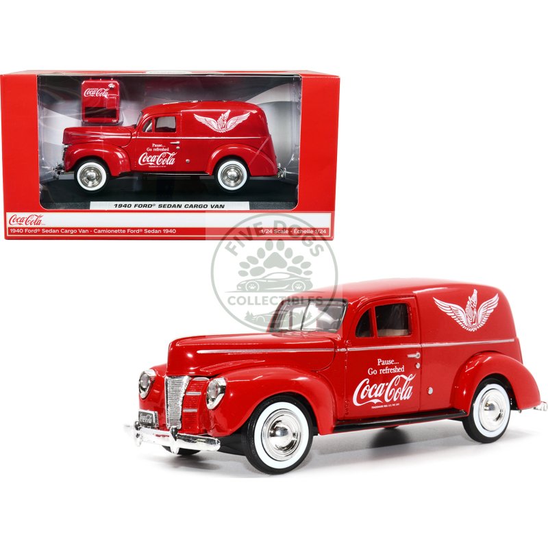 1940 ford sedan cargo van red "pause... go refreshed coca cola" with vending machine accessory 1/24 diecast model car by motor city classics