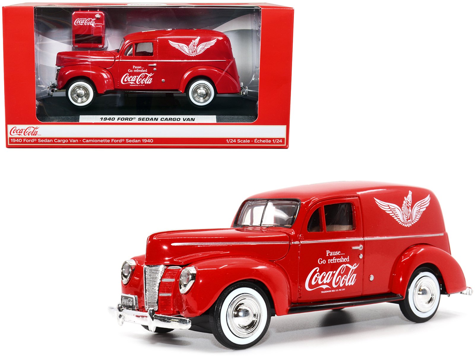 1940 ford sedan cargo van red "pause... go refreshed coca cola" with vending machine accessory 1/24 diecast model car by motor city classics 1940 ford sedan cargo van red "pause... go refreshed coca cola" with vending machine accessory 1/24 diecast model car by motor city classics