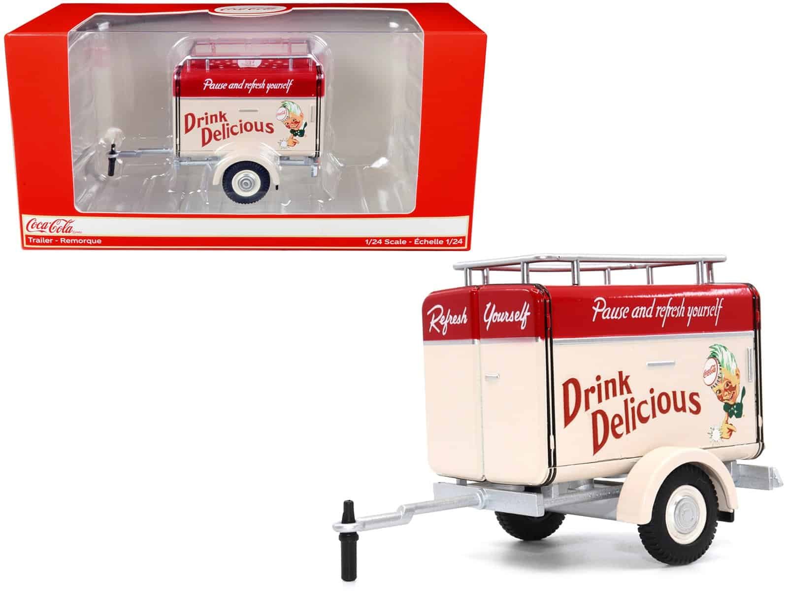 Drink Delicious Coca-Cola Toy Trailer Coca-Cola toy trailer with "Drink Delicious" branding, detailed miniature replica.