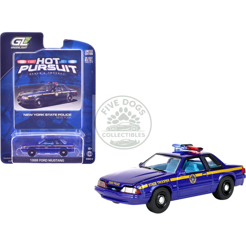 1988 ford mustang "new york state police" blue with yellow stripes and blue interior "hot pursuit" series 8 1/64 diecast model car by greenlight