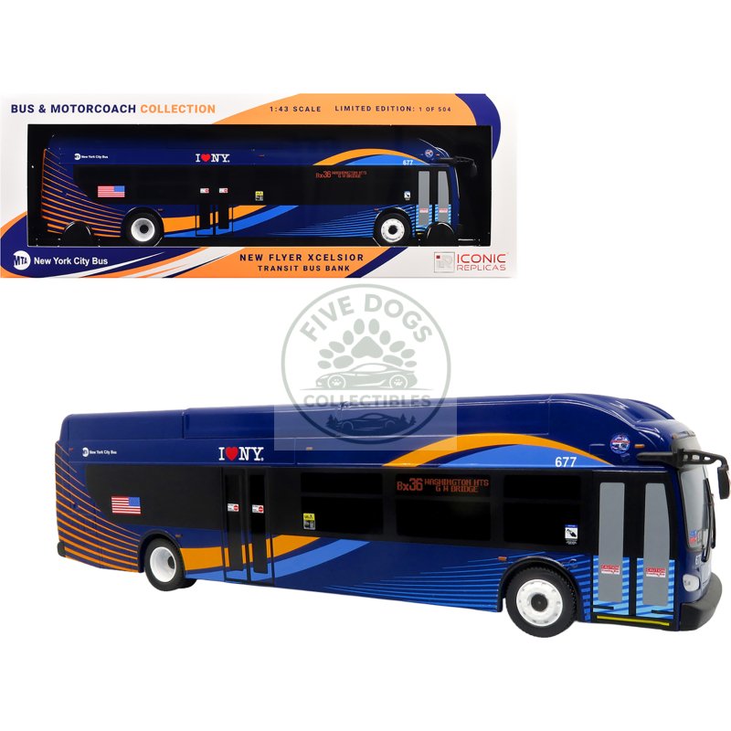 new flyer xcelsior transit bus "mta new york city" blue with graphics "the bus & motorcoach collection" limited edition to 504 pieces worldwide 1/43 model by iconic replicas