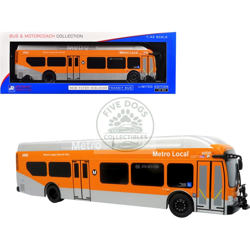 new flyer xcelsior transit bus "los angeles metro" orange and silver "the bus & motorcoach collection" limited edition to 504 pieces worldwide 1/43 model by iconic replicas