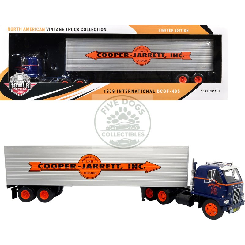 1959 international dcof 405 truck with box trailer "cooper jarrett inc." dark blue with orange stripes "north american vintage truck collection" 1/43 diecast model by iconic replicas