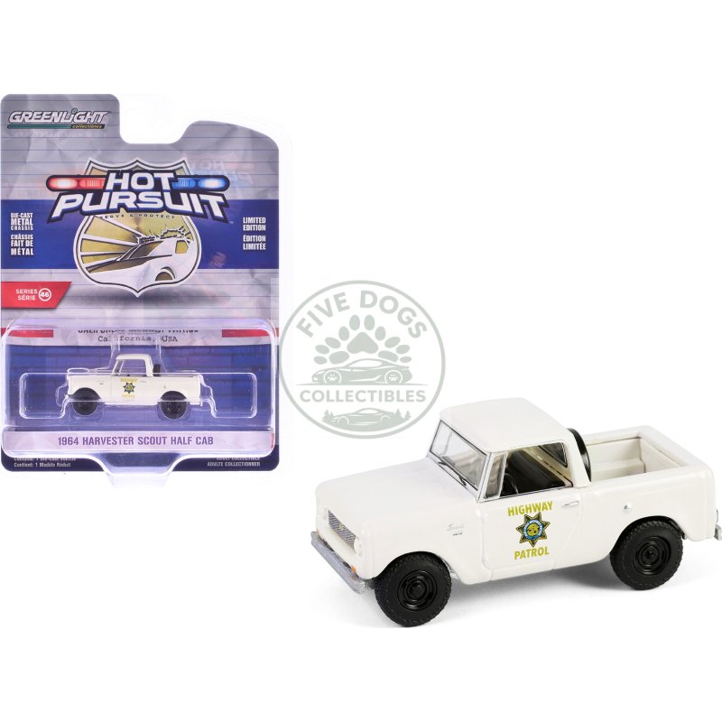 1964 harvester scout half cab pickup truck "california highway patrol" beige "hot pursuit" series 46 1/64 diecast model car by greenlight