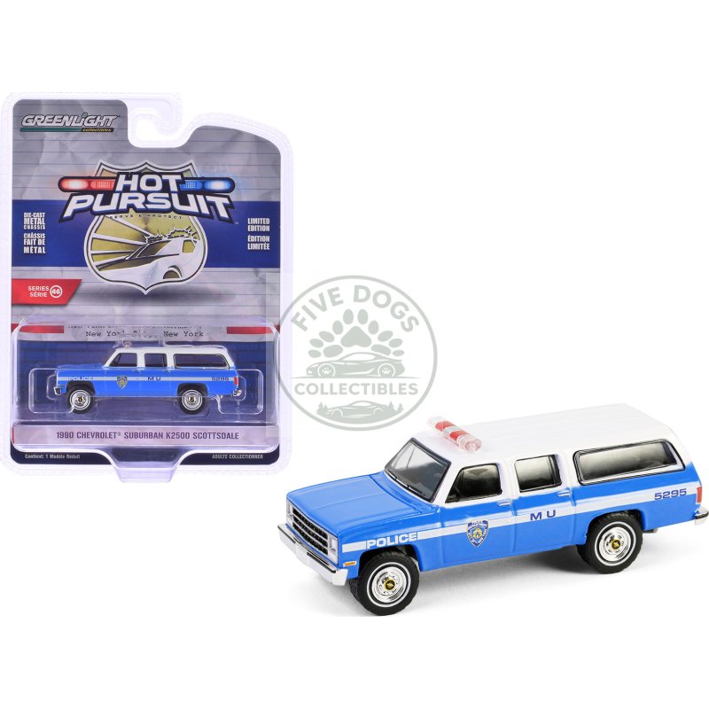 1990 chevrolet suburban k2500 scottsdale "nypd (new york city police department)" blue with white top "hot pursuit" series 46 1/64 diecast model car by greenlight