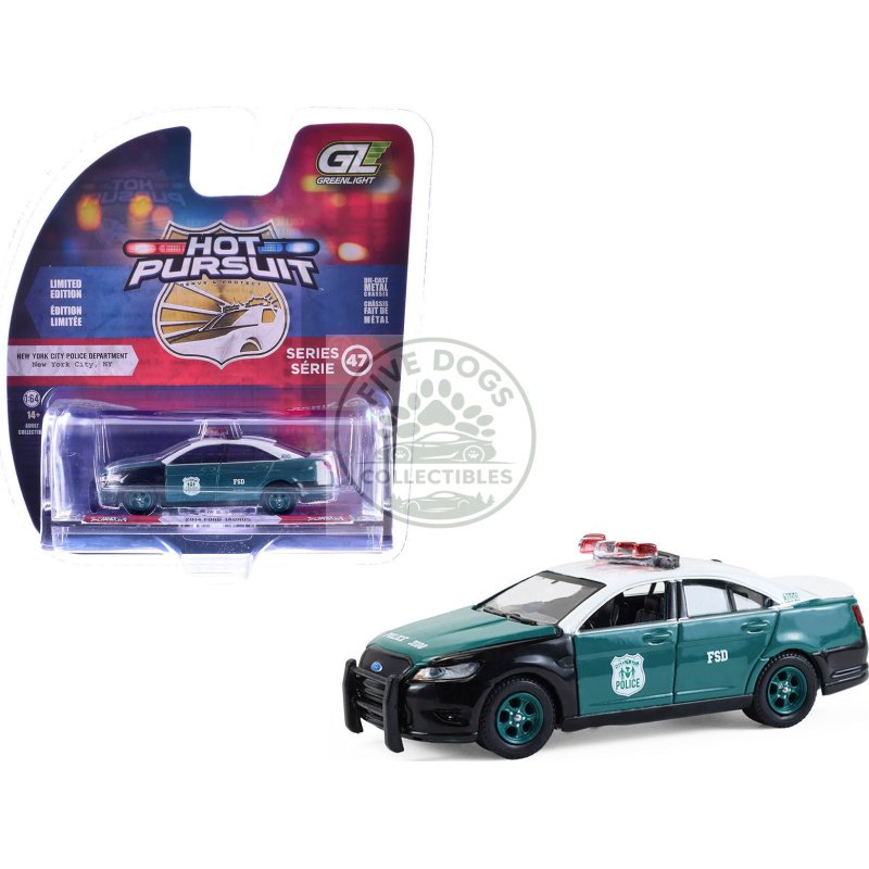 2014 ford taurus "new york police department (nypd) vintage tribute livery" green and black with white top "hot pursuit" series 47 1/64 diecast model car by greenlight